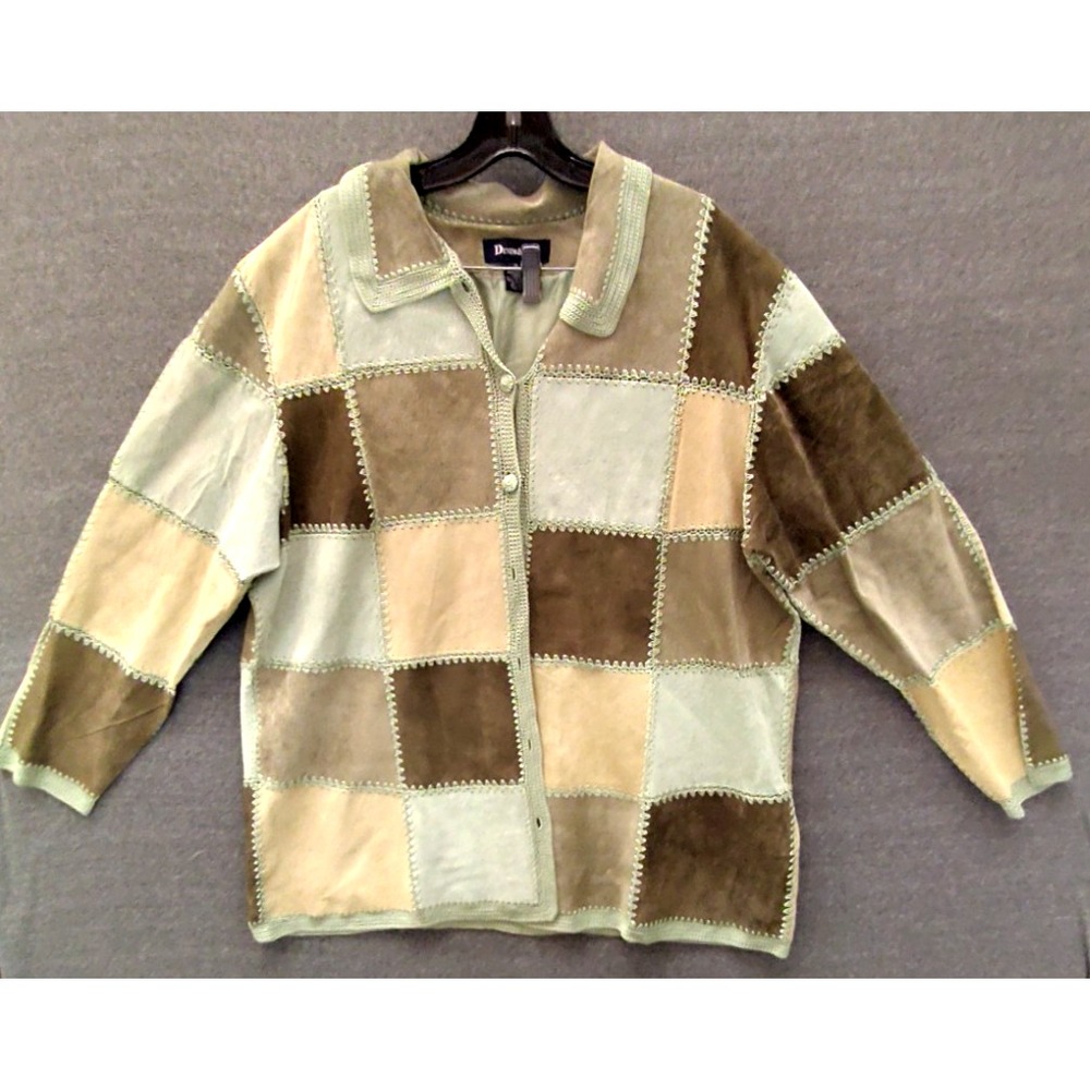 Denim Co Womens Jacket 1X Green Leather Suede Patchwork Neutral Boho Western VTG